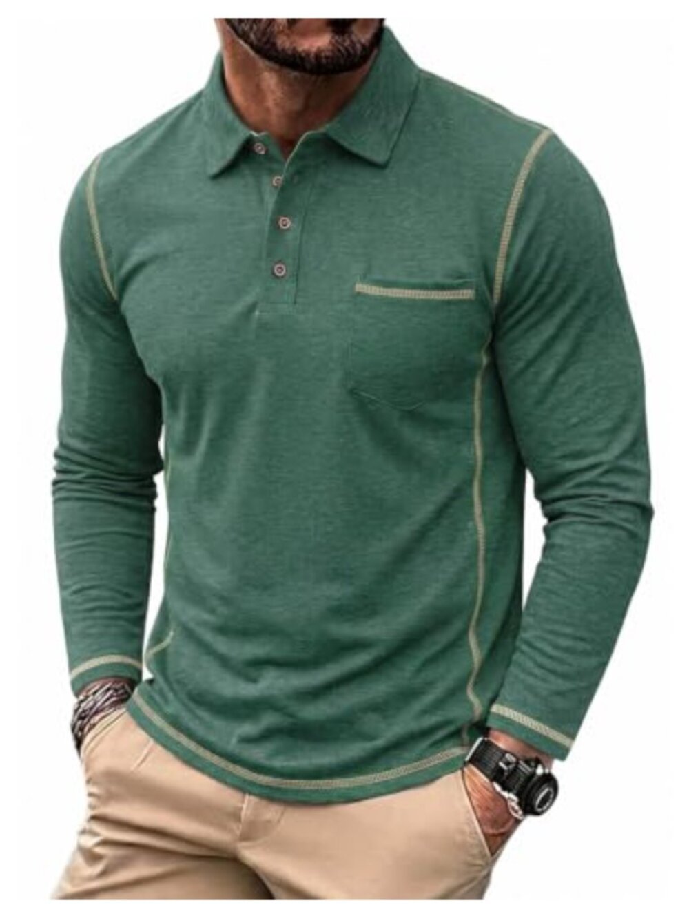 Men's Long Sleeve Polo Shirt Regular Fit Button Down Collar Golf Casual Business
